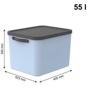 Rotho Aufbewahrungsbox Mythen Soft Blau 55l aus Kunststoff mit dunklem Deckel, Griffen. Maße: 523x405x340mm.