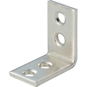 Staffa angolare per sedia in acciaio inox, 25x25x14 mm, con fori per fissaggio legno.
