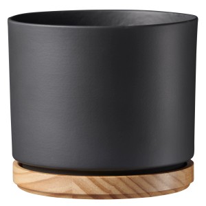 Vaso per piante Scheurich, antracite opaco, Ø 13,5 cm, con sottovaso in legno.