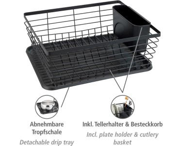 Égouttoir à Vaisselle Noir 42x30,5 Cm - Support Acier Inoxydable Avec Bac Plastique Et Porte-couverts - Pour évier De Cuisine