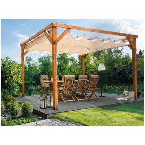 Beliani Garten-Pergola Villarosa aus Tannenholz mit beigem Stoffdach, 320x380 cm.
