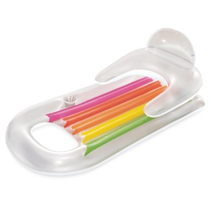 Matelas pneumatique Intex King Kool Lounge avec dossier et porte-boisson, design transparent avec poutres en I colorées.