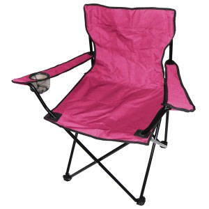 Sedia da pesca rosa con portabibite e telaio in metallo nero. Sedia da campeggio con borsa.