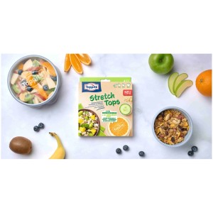 Couvercles en silicone Toppits Stretch Tops avec fruits et muesli, ustensiles de cuisine réutilisables.