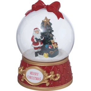 Boule à neige musicale OBI avec lumière LED. Père Noël, sapin, cadeaux à l'intérieur, base rouge, accents dorés.