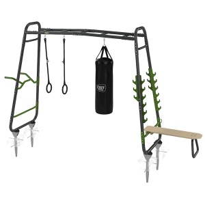 Exit Monkeybar GetSet MB230 parco giochi con sacco da boxe, anelli da ginnastica, panca da allenamento e supporti per pesi.