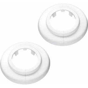 Due rosette a cerniera bianche, Ø 35 mm, in plastica per coprire i punti di ingresso dei tubi.