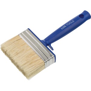 Pennello piatto LUX per dispersioni 100 mm con manico blu e setole chiare.