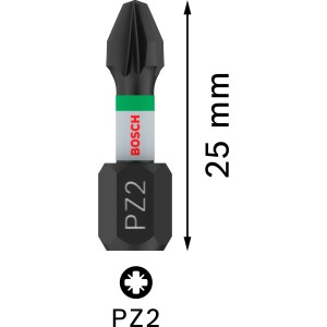 Inserto per avvitatori Bosch Impact Control, 25 mm, PZ2. Robusto bit per avvitatori a impulsi con banda verde.