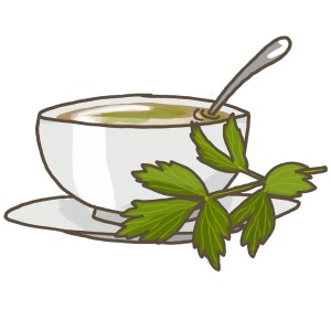 Illustration : Soupe au livèche (herbe Maggi) dans une tasse avec une cuillère. Herbe de cuisine pour soupes.
