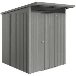 Casetta da giardino Biohort AvantGarde Eco Gr. A1 in grigio quarzo metallizzato con tetto a una falda e porta standard.