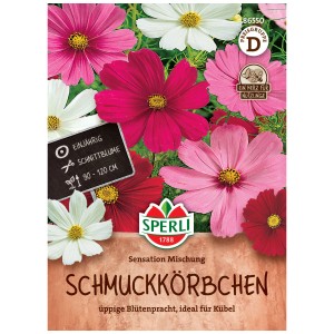 Sementi Sperli Cosmos Sensation Mix con fiori rosa, rossi e bianchi.