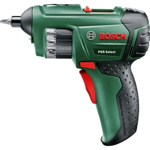 Avvitatore a batteria Bosch PSR Select Solo, avvitatore verde con caricatore di inserti per avvitare.
