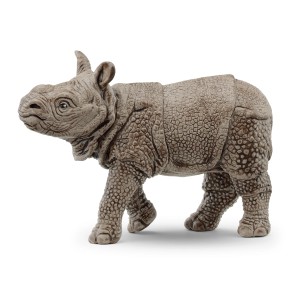 Figurine de collection Schleich détaillée : Bébé rhinocéros indien gris avec texture de peau typique.