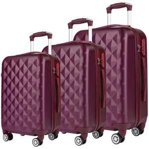 Ensemble de 3 valises à roulettes bordeaux en plastique ABS avec poignée télescopique et roulettes.
