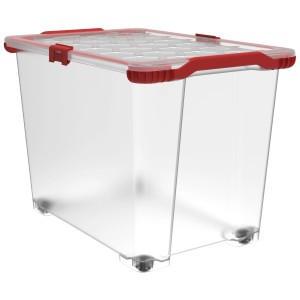 Transparente Rotho Box Evo Total 65L mit Rädern und rotem Deckel. Ideal zur Aufbewahrung.