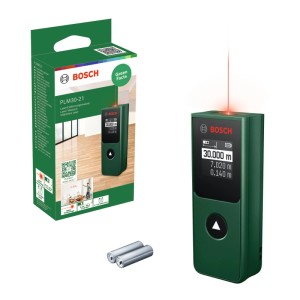 Grüner Bosch Laser-Entfernungsmesser PLM30-21 mit rotem Laserstrahl, Display, Verpackung und Batterien. Misst bis 30 m.
