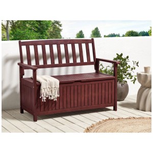 Banc de jardin Sovana rouge foncé en acacia avec espace de rangement sous l'assise.