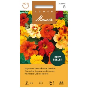Sachet de graines de capucine Joyaux multicolores : Mélange de fleurs rouges, jaunes et oranges.