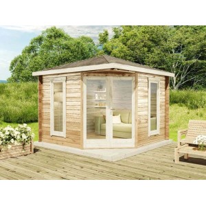 Casetta da giardino Alpholz Liwa Compact marrone con tetto a punta e doppia porta su terrazza.