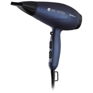 Sèche-cheveux bleu Trisa Ionic Silk Plus avec embout concentrateur, catégorie appareils de soins capillaires.