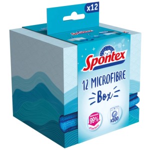 Box Spontex di panni in microfibra con 12 panni blu per la pulizia igienica della casa.