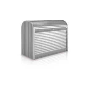 Biohort StoreMax 120 coffre universel en gris quartz métallisé avec volet roulant et serrure à cylindre.