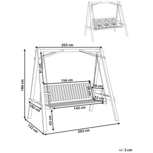 Disegno tecnico della dondolo Beliani Ficarella in legno di larice, marrone, con tutte le misure.