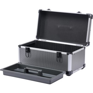 Boîte à outils LUX en aluminium ouverte argent/noir avec plateau à outils.