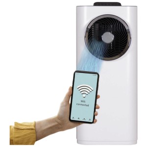 Condizionatore mobile Kibernetik 4in1 bianco con flusso d'aria blu e smartphone per controllo Wi-Fi.