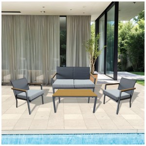 Set lounge Acamp Chania 4 pezzi, antracite con tavolo effetto legno e cuscini grigi.