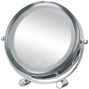 Specchio cosmetico LED Bright Mirror Shorty argentato, specchio da tavolo rotondo con illuminazione.