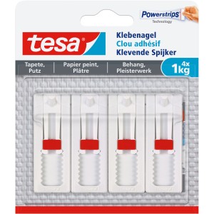 Tesa clous adhésifs ajustables pour papier peint/plâtre, lot de 4, capacité 1 kg chacun.