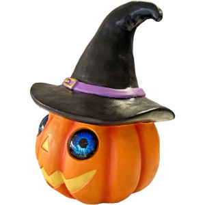 Figura decorativa LED zucca di Halloween arancione con cappello da strega, altezza 36,3 cm.