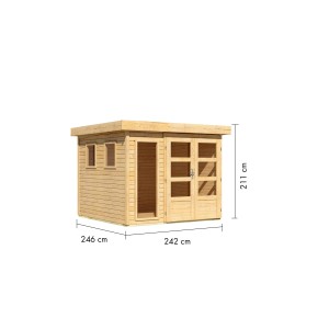 Karibu Gartenhaus Maradi 3,5 aus naturbelassener Fichte, mit Maßen. Ideal als Holz-Gartenhaus.