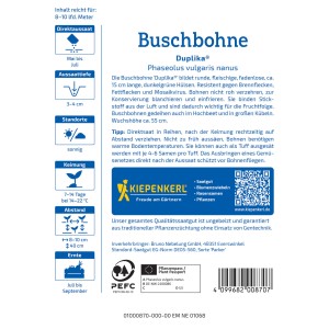 Confezione di semi di fagiolino nano Kiepenkerl Duplika con informazioni su semina, raccolto e caratteristiche.