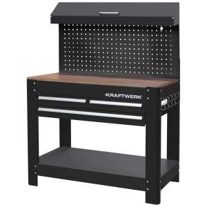 Banco da lavoro Kraftwerk con piano in faggio, pannello forato e armadio pensile per utensili e accessori.