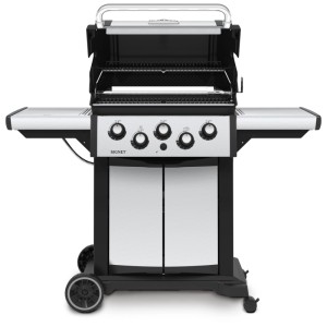 Broil King Signet 390 barbecue a gas con fornello laterale e girarrosto, vista frontale.