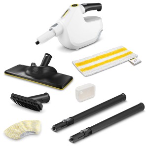 Nettoyeur vapeur Kärcher SC 1 Multi & Up avec accessoires : buse de sol, brosse, chiffons, détartrant, tubes de rallonge.