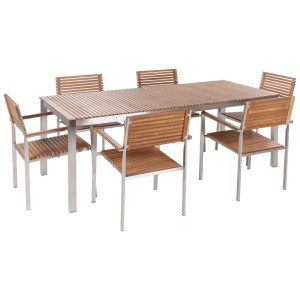 Ensemble de jardin Viareggio: table rectangulaire en teck et six chaises en acier inoxydable.