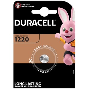 Pila a bottone al litio Duracell CR1220 in confezione a prova di bambino.