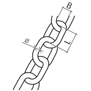 Disegno di una catena in acciaio tondo (Ø 5 mm) con dimensioni per la tecnologia nautica.