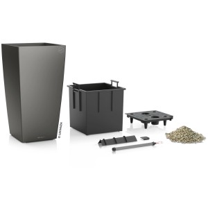 Pot de fleurs Lechuza Cubico Premium 40, anthracite métallisé, 40x40cm, avec accessoires.