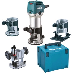 Défonceuse/affleureuse à une main Makita RT0702CX2J avec accessoires et coffret de transport.