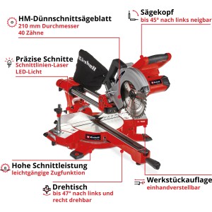 Scie à onglet radiale sans fil Einhell Power X-Change TE-SM 36/210 Li Solo, rouge. Scie avec plateau tournant et tête inclinable.