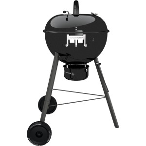 Barbecue à charbon de bois sphérique Outdoorchef Chelsea 480 C noir avec thermomètre de couvercle et châssis.