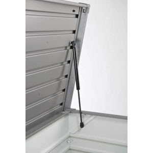 Biohort FreizeitBox 200 grigio quarzo metallizzato aperta con molla a gas per facile apertura. Robusta cassa universale.