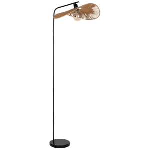 Lampadaire Eglo Siruela avec abat-jour en papier marron et structure en acier noir.