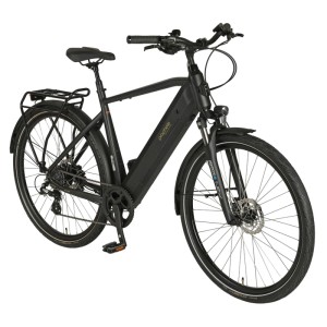 VTT électrique de trekking noir Prophete Entdecker 2.0 pour homme avec moteur arrière et pneus 28 pouces.