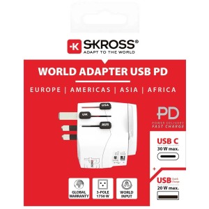 Skross Reiseadapter Pro Light USB AC30PD World für Steckdosen. Kompakter, weißer Adapter mit USB- und USB-C-Anschluss.